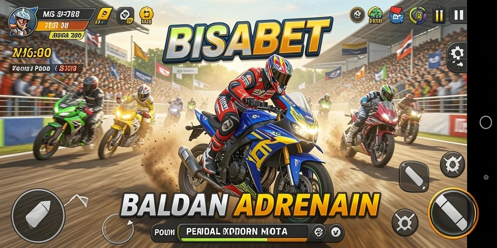 Tampilan gameplay seru dalam BISABET dengan mobil balap motor.